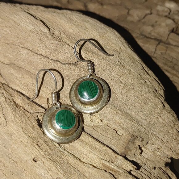 Vintage Sterling Silver Drop Earrings Malachite Artisan Crafted Stamped 925 - Picture 6 of 6